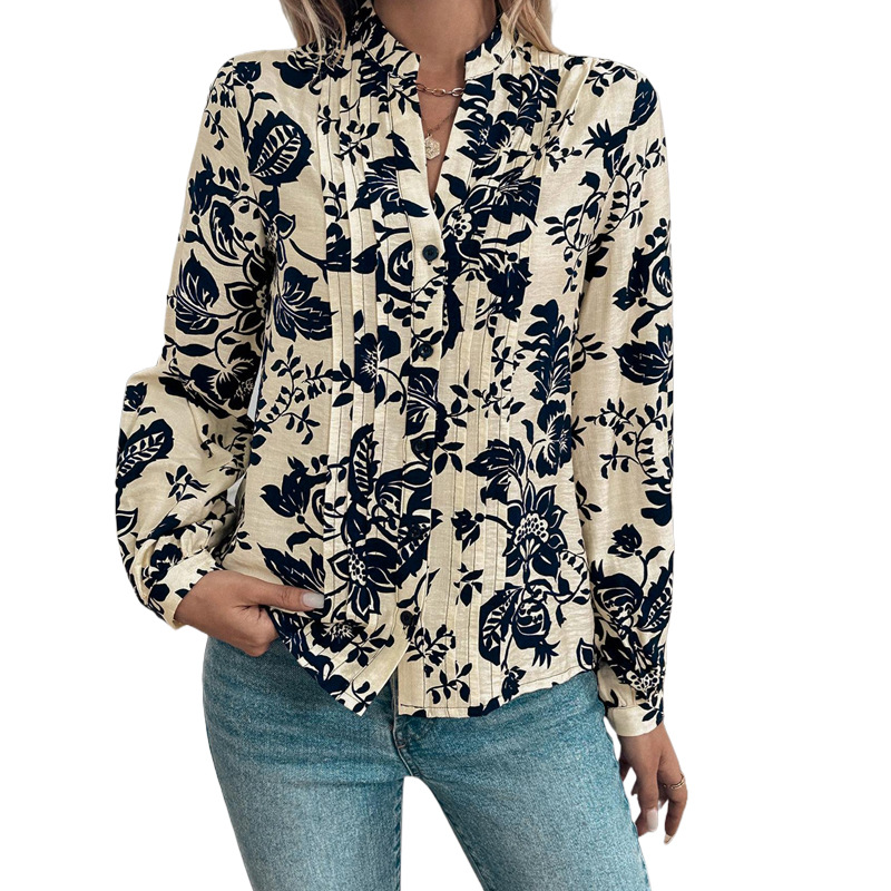 Amazon cross-border e-commerce, new autumn retro print shirt with stand collar, elegant and stylish women's shirt top. - Image 6