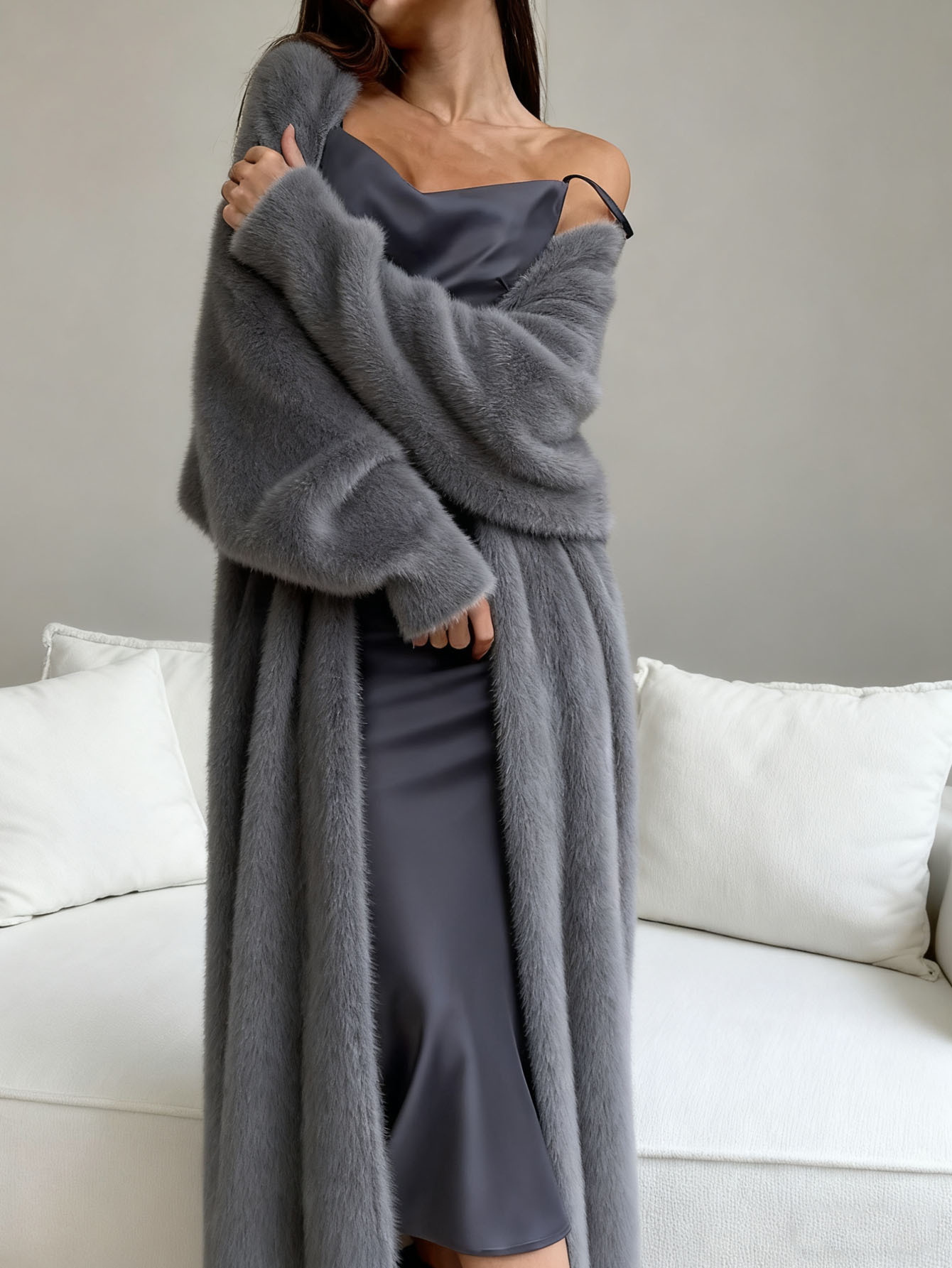 Cross-border faux mink white knitted cardigan coat for women, autumn and winter loose-fitting fluffy long cardigan - Image 6