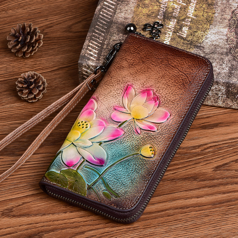 Wallet women Chinese style long small hand bag first layer cowhide zipper mobile phone bag embossed retro color coin purse - Image 3