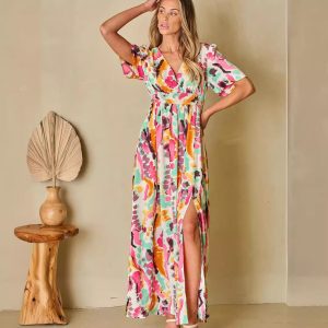 Women's Printed Short-Sleeve Dress with Lace-Up Detail