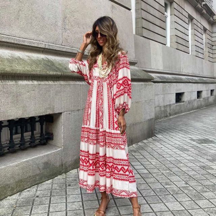 2023 Autumn New Arrival - Hot Selling Geometric Print Puff Sleeve Dress - Street Style Must-Have Plus Size Women's Clothing - Image 13