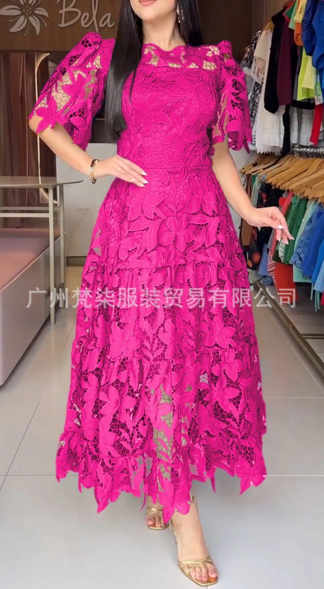 European and American cross-border e-commerce, 2025 summer Amazon independent store, elegant and fashionable heavy-duty hollowed-out lace solid color dress. - Image 14