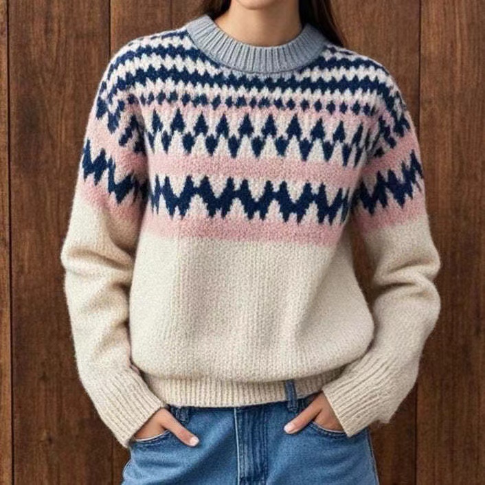 Amazon European and American new sweater women's wish hot sale round neck color matching loose fashion pullover sweater - Image 24