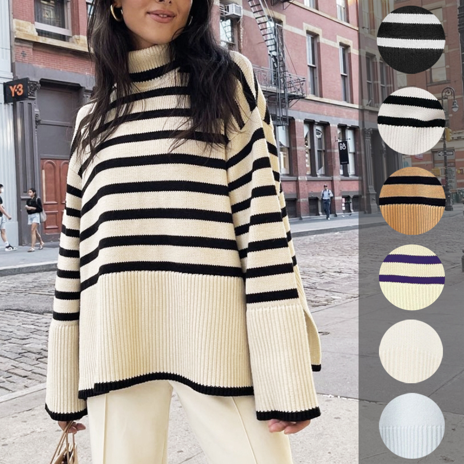 2021 cross-border autumn and winter new AliExpress Amazon popular women's high-neck knitted striped slit sweater top - Image 2