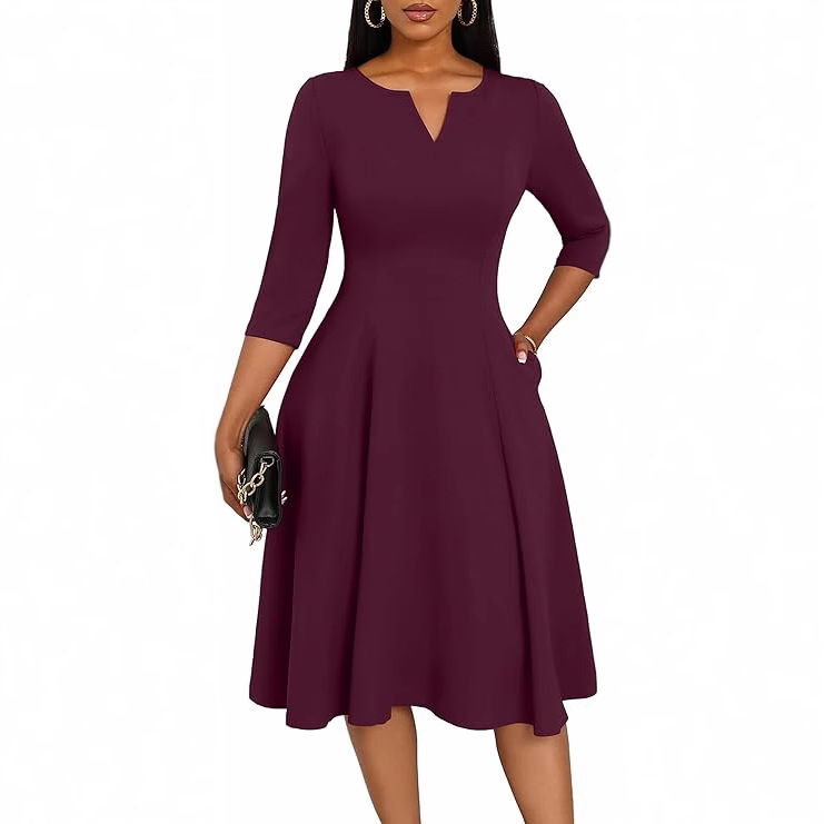 Amazon Midi Dress, Fitted Flare Dress, Three-Quarter Sleeve Wedding Guest Dress - Image 2