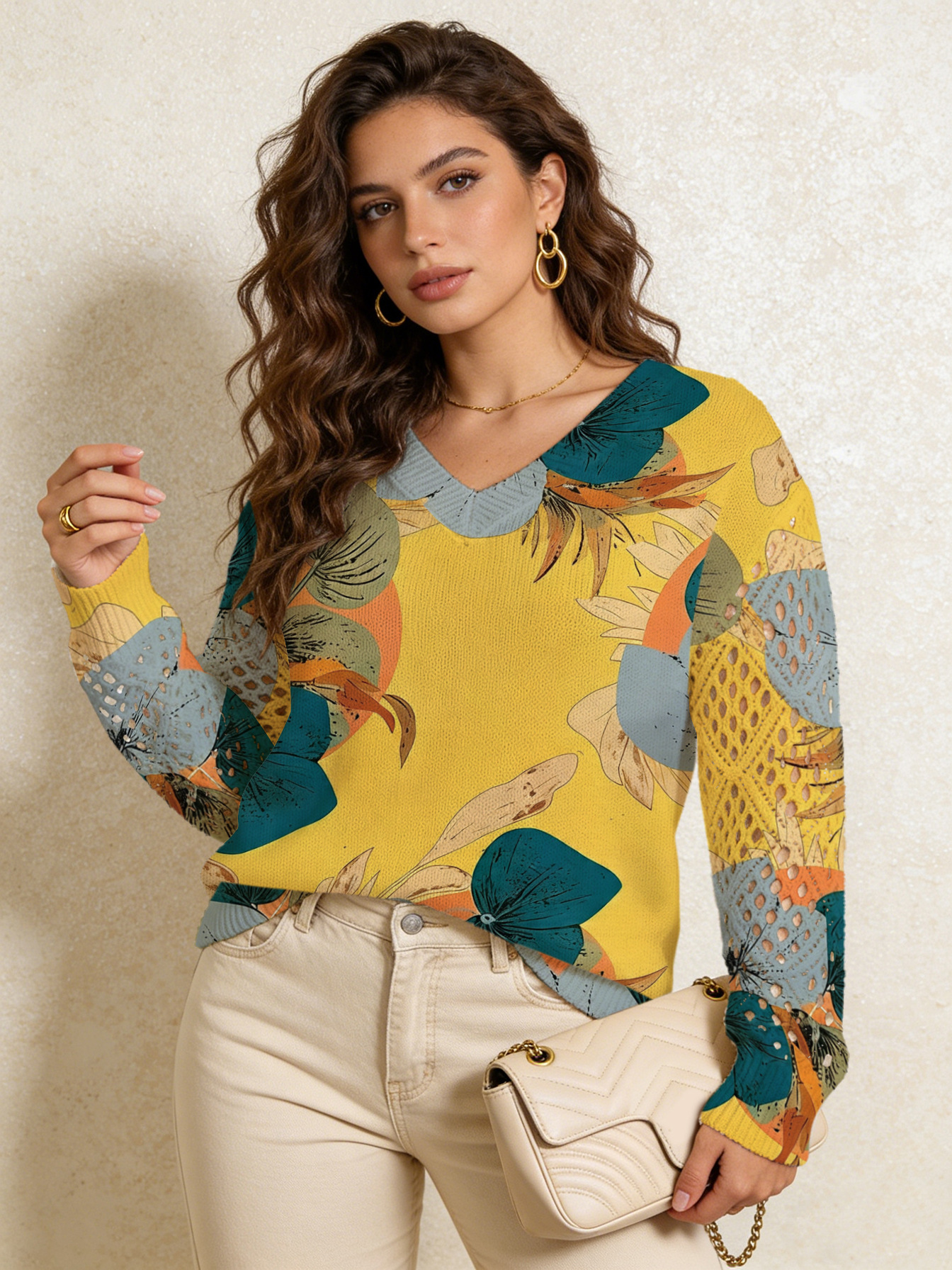 Cross-border AliExpress V-neck printed T-shirt, spring/summer T-shirt, retro pastoral style, all-over floral print, loose casual wholesale. - Image 17