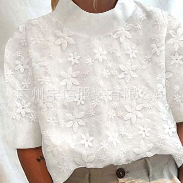 Amazon, Wish, AliExpress 2023 New European and American Style Cotton Linen Embroidered Collar Short-Sleeve Shirt, In Stock - Image 2