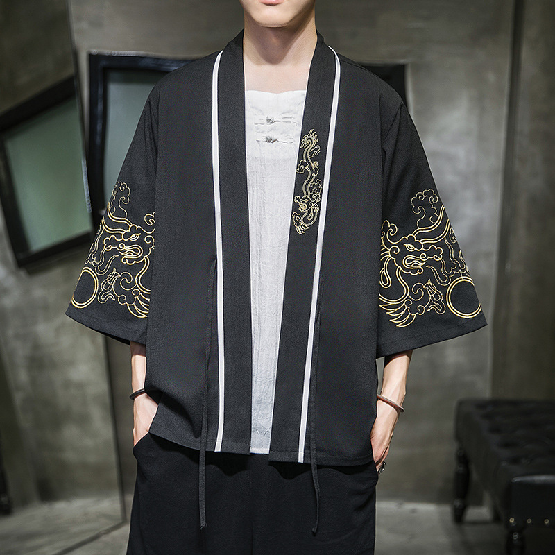 AliExpress new Chinese style round dragon embroidery three-quarter sleeve cardigan Hanfu sunscreen clothing men's Japanese loose jacket men - Image 4