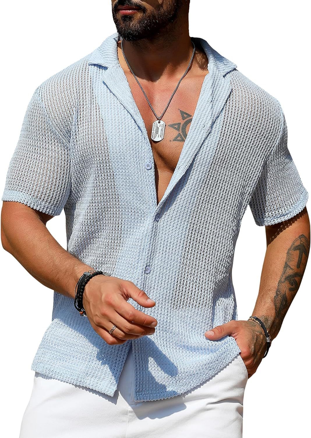 European and American men's casual shirts summer fashion cool breathable men's cardigan solid color short-sleeved tops knitted men's shirts - Image 9