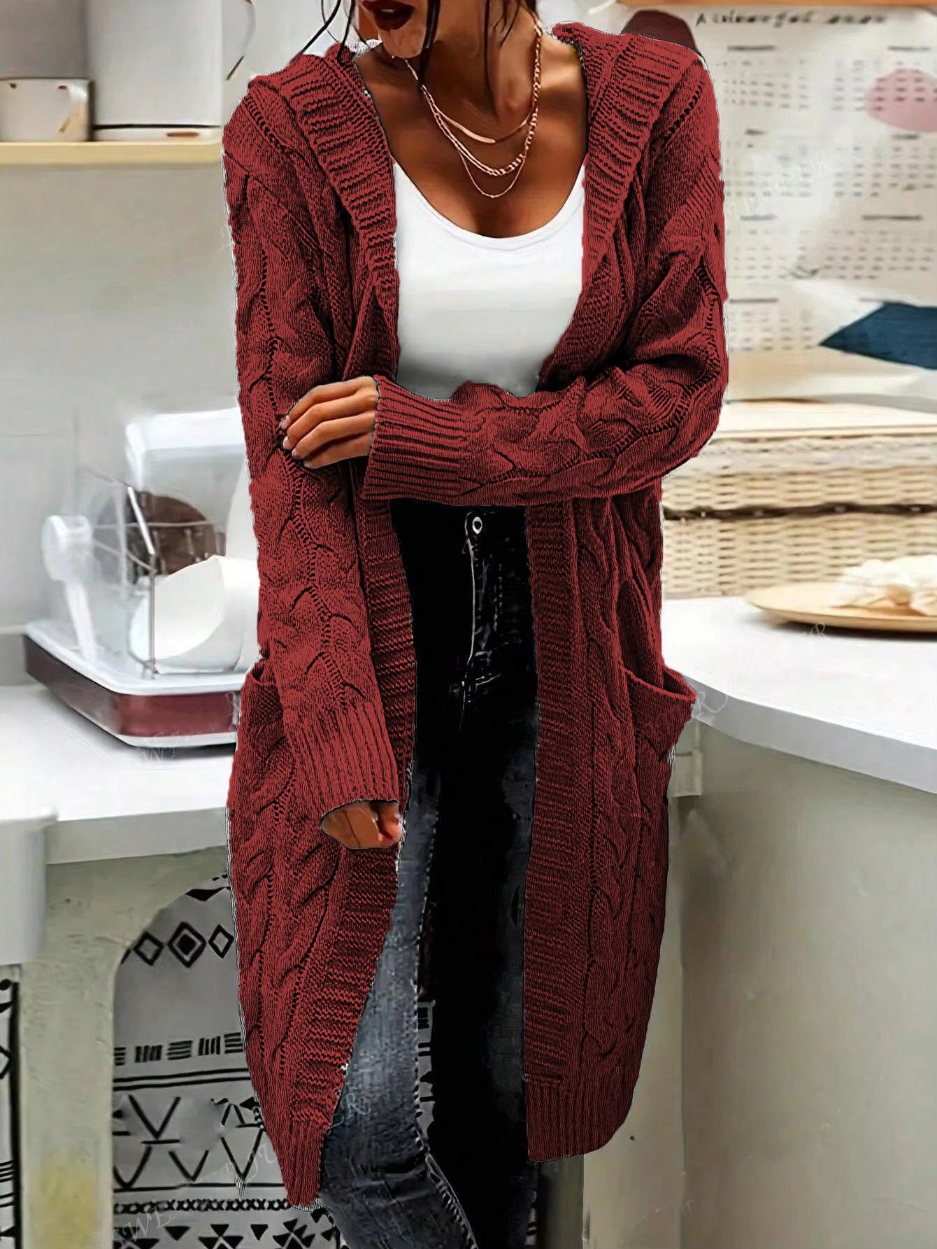 New cross-border e-commerce product, European and American foreign trade, Amazon, solid color loose knitted cardigan, chunky cable knit mid-length sweater coat for women. - Image 7