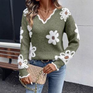 European and American cross-border women's sweater, popular style, elegant floral jacquard knit sweater, V-neck sweater