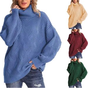 Cross-border European and American 2024 Autumn/Winter New Amazon Loose High Neck Cable Knit Sweater Women's Pullover Long Sleeve