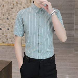 Cross-border foreign trade professional shirt 88070 bamboo fiber elastic anti-wrinkle striped business casual short-sleeved shirt explosion