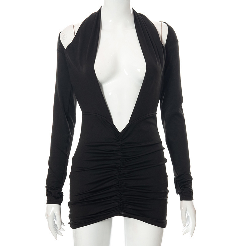 C21DS456 Amazon Autumn/Winter Dress, European and American Style Solid Color Long Sleeve V-Neck Halter Neck Pleated New Dress - Image 3