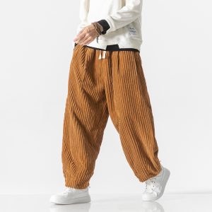 Cross-border men's clothing, Chinese style, loose corduroy harem pants, plus size, trendy casual straight leg trousers for men.