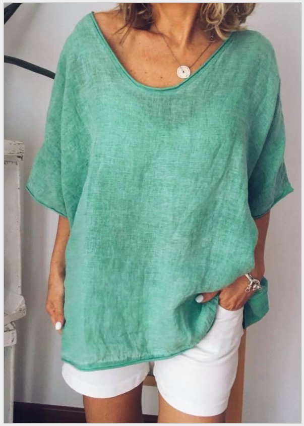 Cross-border e-commerce 2025 Amazon Europe and America Summer New Solid Color Loose Short Sleeve Casual Cotton Linen T-shirt - Image 6