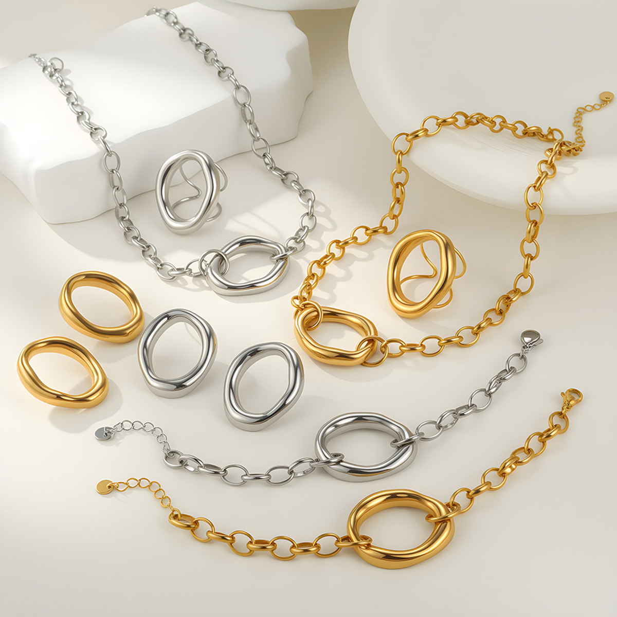 Cross-border European and American style personalized geometric hollow stainless steel necklace, bracelet, earring jewelry set, versatile ring wholesale - Image 2