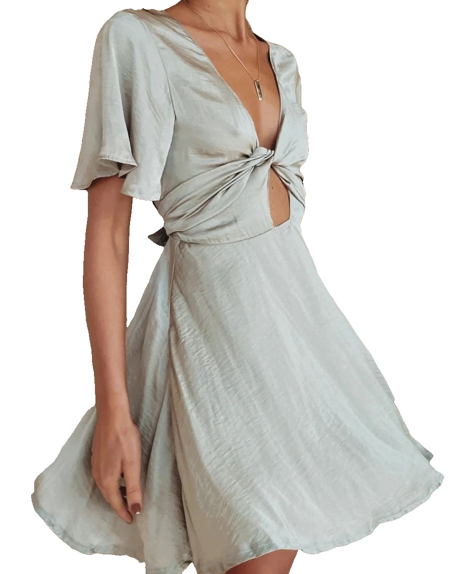 Cross-border foreign trade independent station 2021 summer new sexy women's clothing solid color short-sleeved skirt V-neck dress - Image 3