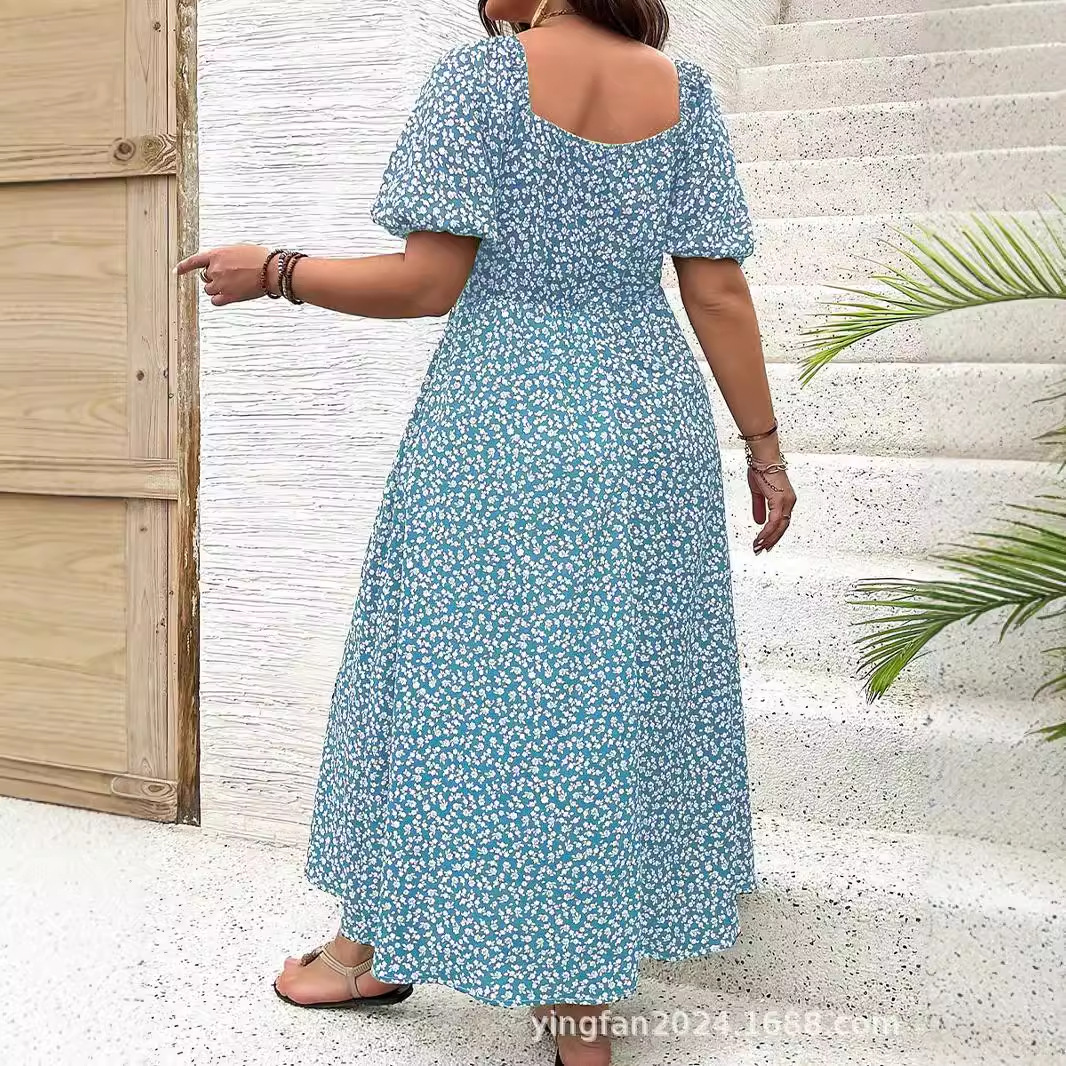 2025 new Amazon AliExpress European and American plus size women's clothing plus size temperament slim split floral dress summer - Image 2