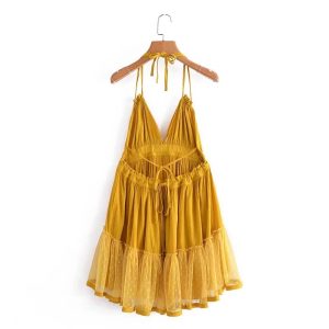 Foreign Trade 2022 Summer New European and American V-neck Waist Slim Hem Mesh Stitching Backless Suspender Dress Women