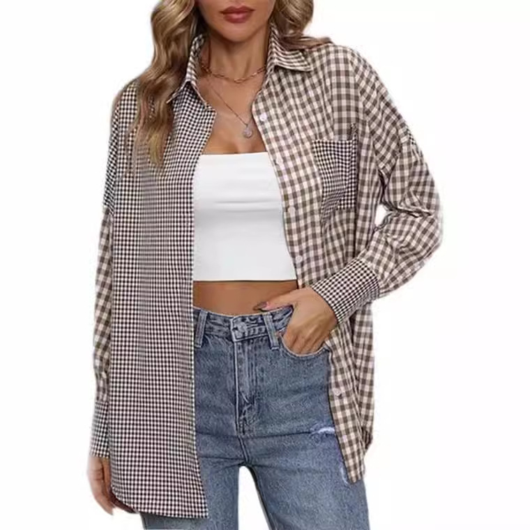 2023 Amazon women's spring and summer new cross-border European and American foreign trade ladies' fashion loose casual plaid shirt - Image 2