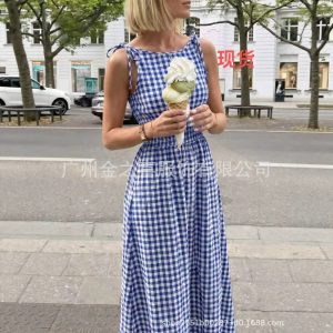 Plaid Long Dress with Bow Straps
