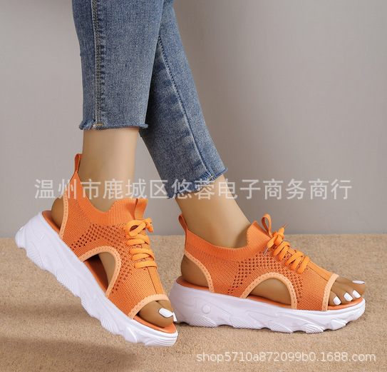 Large size sports sandals women's 2023 summer new thick bottom fly woven soft bottom casual flat hollow European and American beach sandals - Image 3