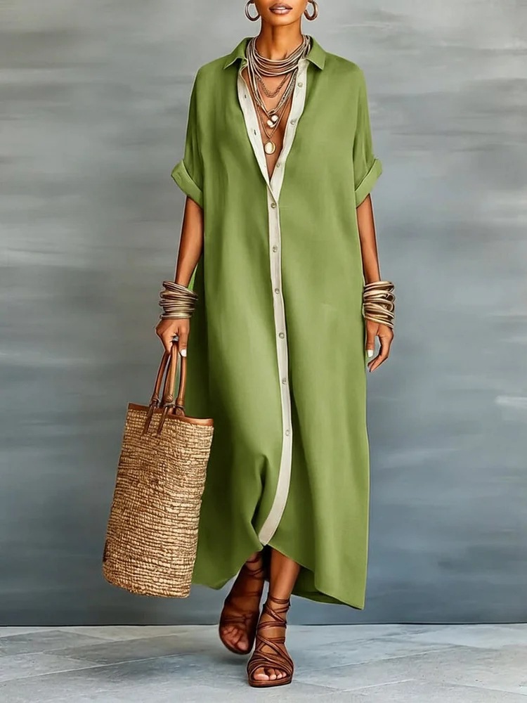 2026 European and American Spring New Arrival Amazon Spring Cross-border Women's Color Block Cotton Linen Shirt Dress - Image 7