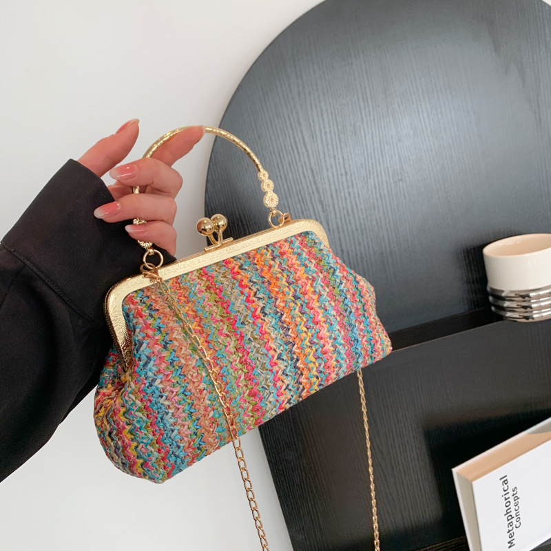 Color woven handbags 2023 spring and summer new style foreign style this year popular single shoulder Messenger bag chain bag women's bag - Image 2