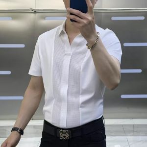 Free shipping summer new men's high-end light luxury short-sleeved shirts business casual slim fit versatile color-blocking splicing half-sleeves