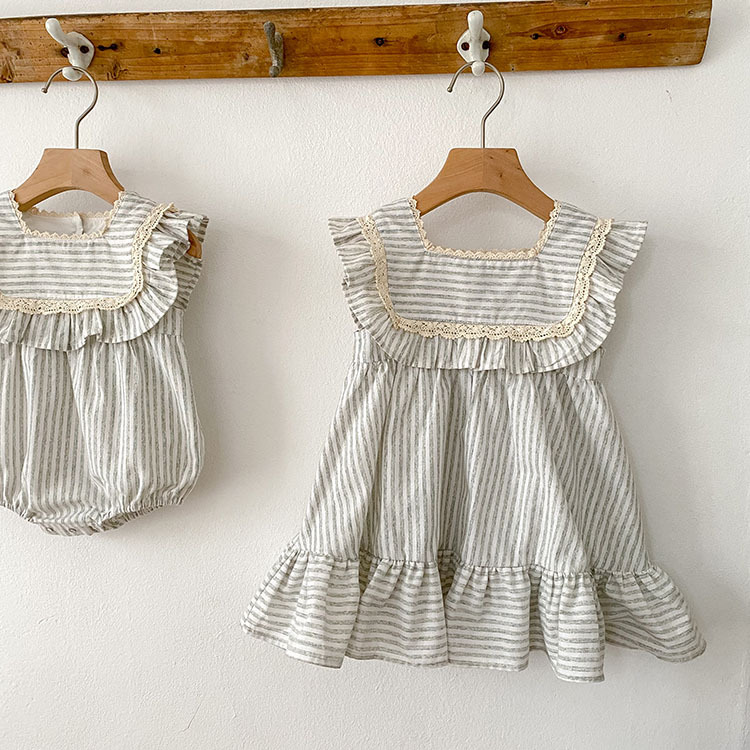 2023 new sister dress Korean version summer striped ruffles girls fashion princess dress baby crawling clothes - Image 6