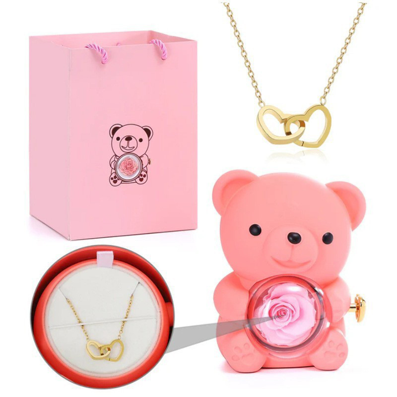 Engraved double heart rotating bear rose jewelry box, cuddly bear preserved flower gift box, rose necklace gift box - Image 11