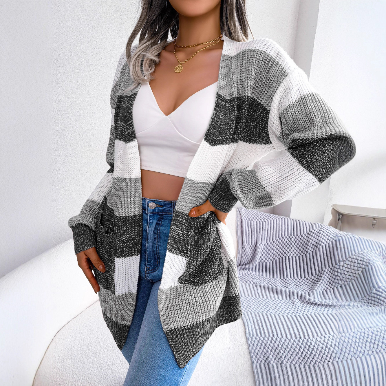 Real photos of European and American style autumn/winter color-blocked striped lantern sleeve casual cardigan sweater coat - Amazon cross-border women's clothing - Image 4