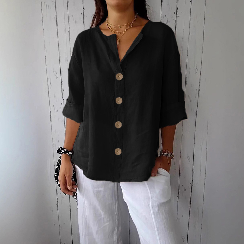 Amazon 2025 Cross-border European and American Summer New Style Foreign Trade Loose-fitting V-neck Cotton Linen Button T-shirt Top - Image 17