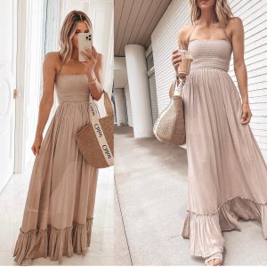 Cross-Border 2022 European and American Spring New Sexy off-Neck Halter Dress Ins Casual Wooden Ear Large Swing Skirt for Women