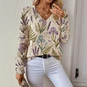 V-neck top, cross-border women's clothing, AliExpress, Bohemian style, Amazon pullover long-sleeved sweater, European and American style, floral print.