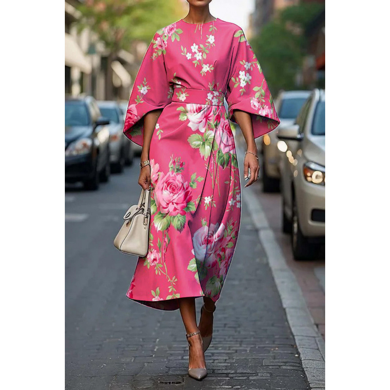 2025 Cross-Border Independent Website: Spring/Summer Round Neck Three-Quarter Batwing Sleeve Printed Elegant Women's Dress - Image 8