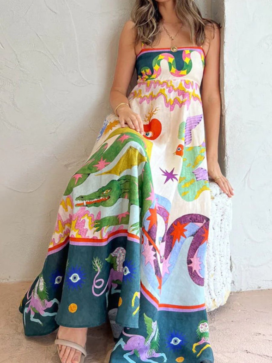 Cross-border European and American 2026 Summer Independent Store Elegant Printed Sleeveless High-Waisted Full Swing Suspender Dress - Image 6