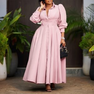 D570 Cross-border Women's Elegant Long-Sleeved Full-Sleeve Shirt Dress Fashionable Solid Color Mid-Length African Dress