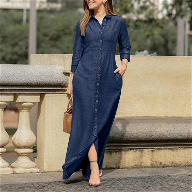 2022 European and American autumn women's clothing temperament elegant fashion neutral style long-sleeved lapel cardigan solid color long denim skirt - Image 3