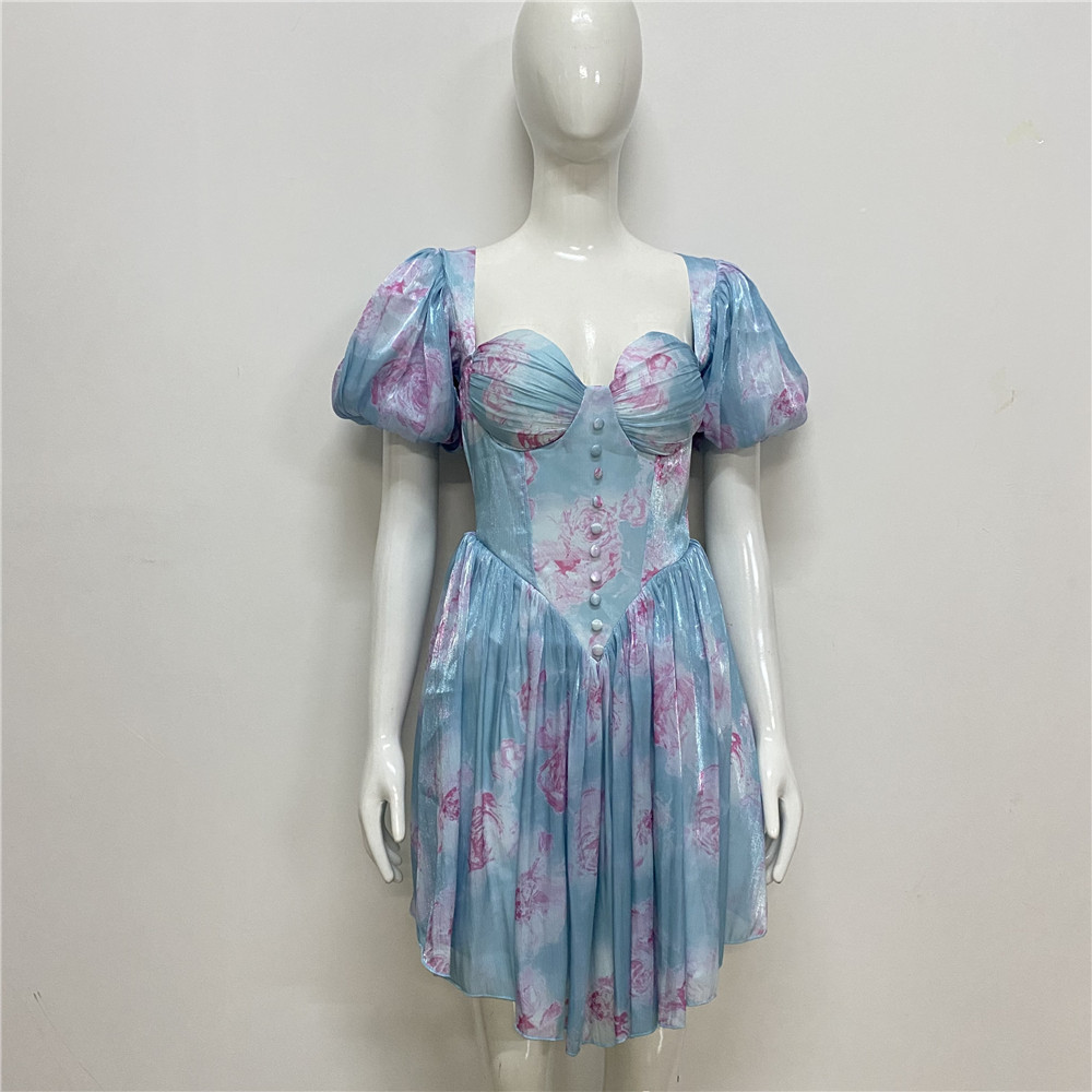 French sexy one-shoulder dress 2023 summer new fashion puff sleeve pleated waist slimming dress - Image 8