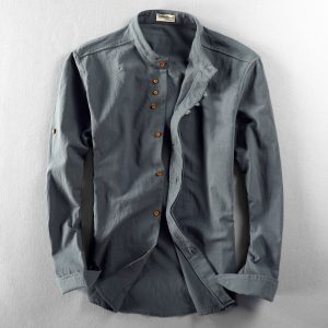 2024 autumn and winter new men's casual linen shirt Chinese style stand-up collar independent station wish cotton and linen shirt