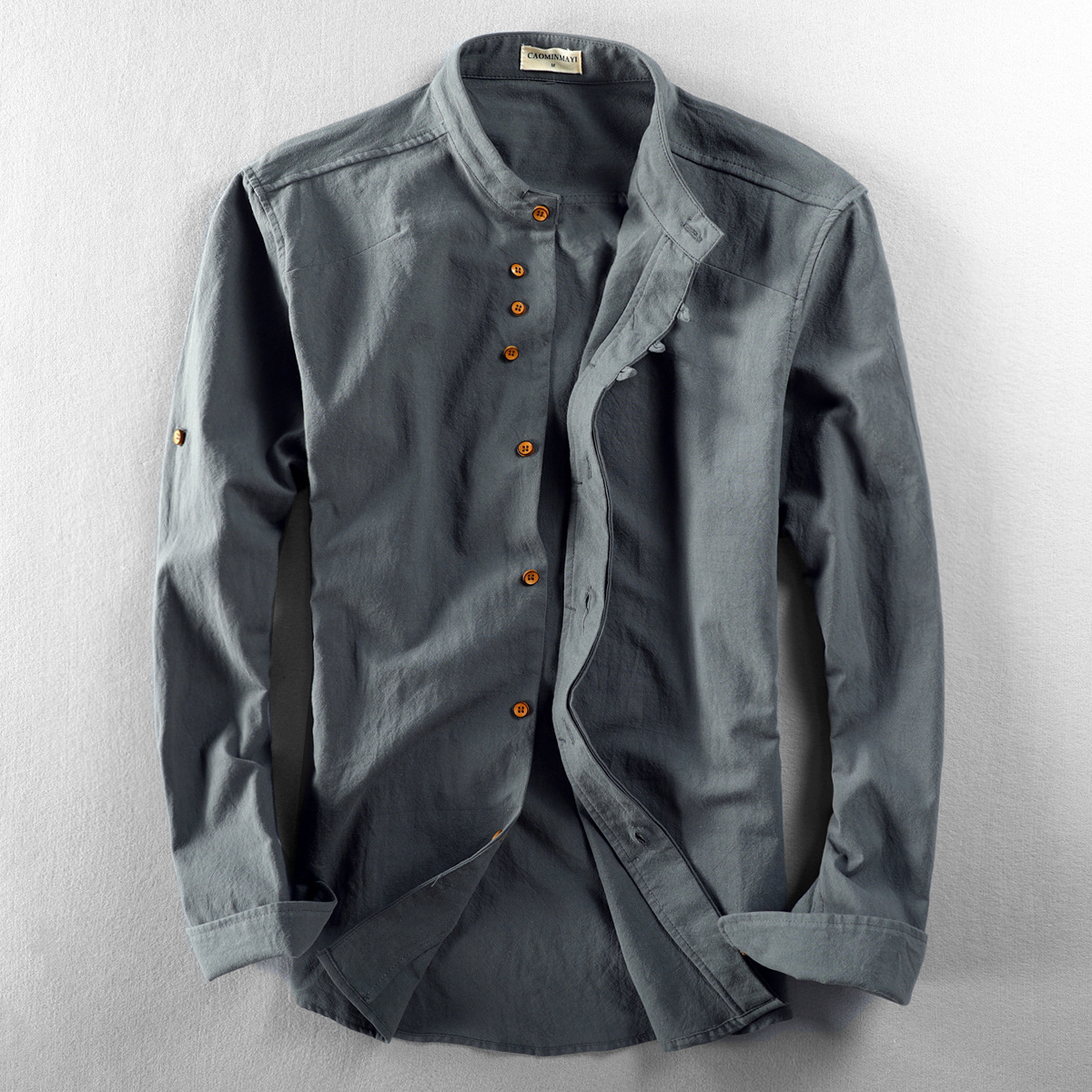 2024 autumn and winter new men's casual linen shirt Chinese style stand-up collar independent station wish cotton and linen shirt