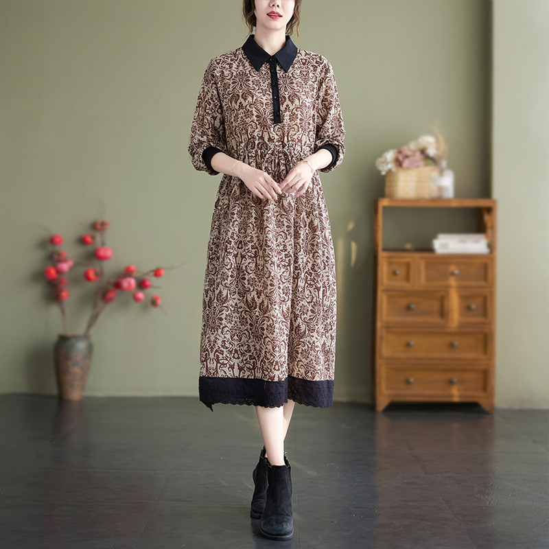 Retro-style floral print dress, 2025 autumn style, cotton and linen base layer, long skirt, loose long sleeves, shirt collar. - Image 3