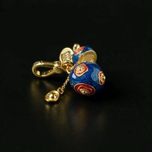 New Chinese style enamel painted blue gourd pendant necklace with opening mechanism, Chinese style floral and auspicious ingot keychain.