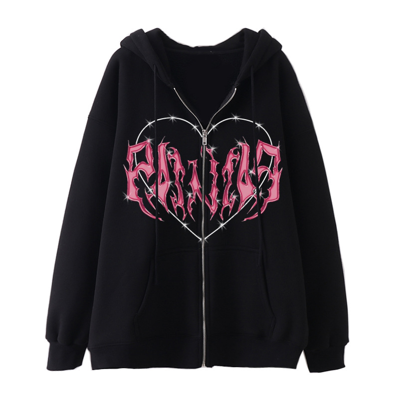 New arrival Skull Wings Hooded Zipper Sweatshirt Women Korean Style Plus Velvet Thickened Loose Sports Cardigan Sweatshirt Women - Image 36