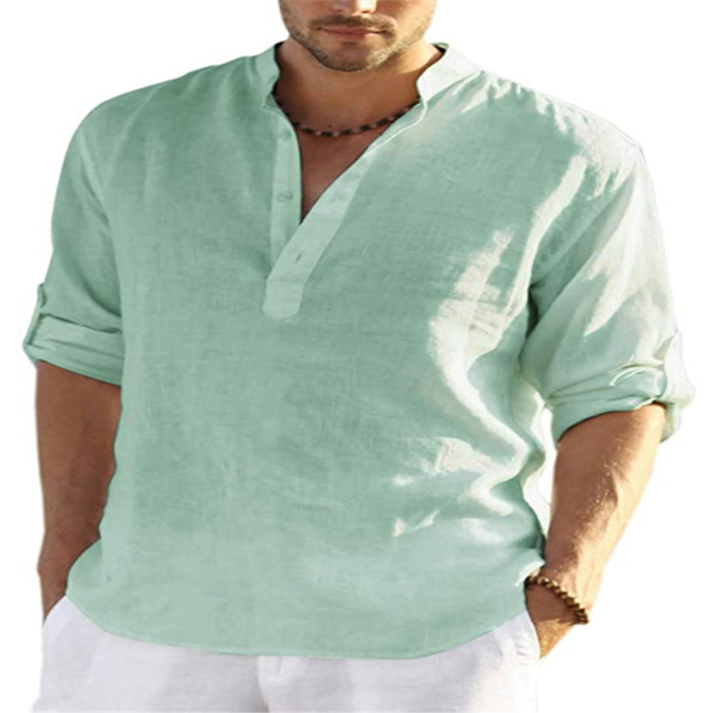 2023 Independent Station foreign trade men's casual cotton and linen solid color long-sleeved shirts loose stand-up collar shirts for men in stock - Image 3
