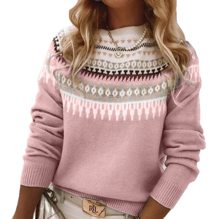 Wish Hot Selling Amazon New European and American Style Sweater Women's Round Neck Color Block Loose Fashion Pullover Knit Sweater - Image 5