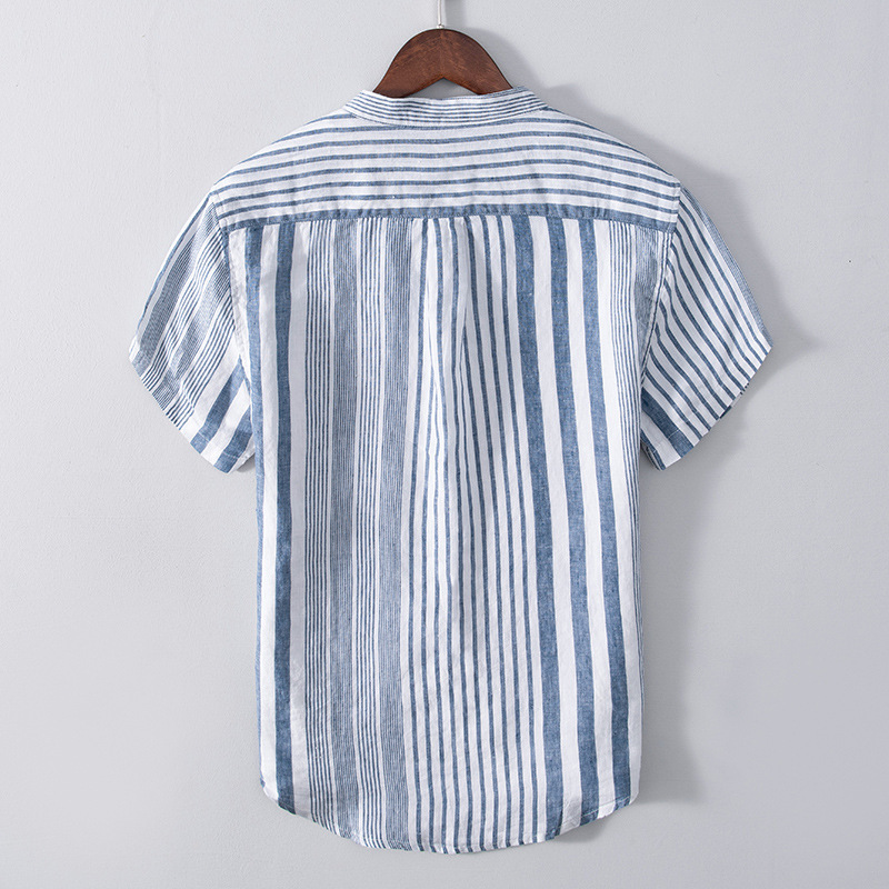 L540 Summer men's five-point sleeve striped shirt casual linen breathable color matching short-sleeved shirt men's one piece - Image 3