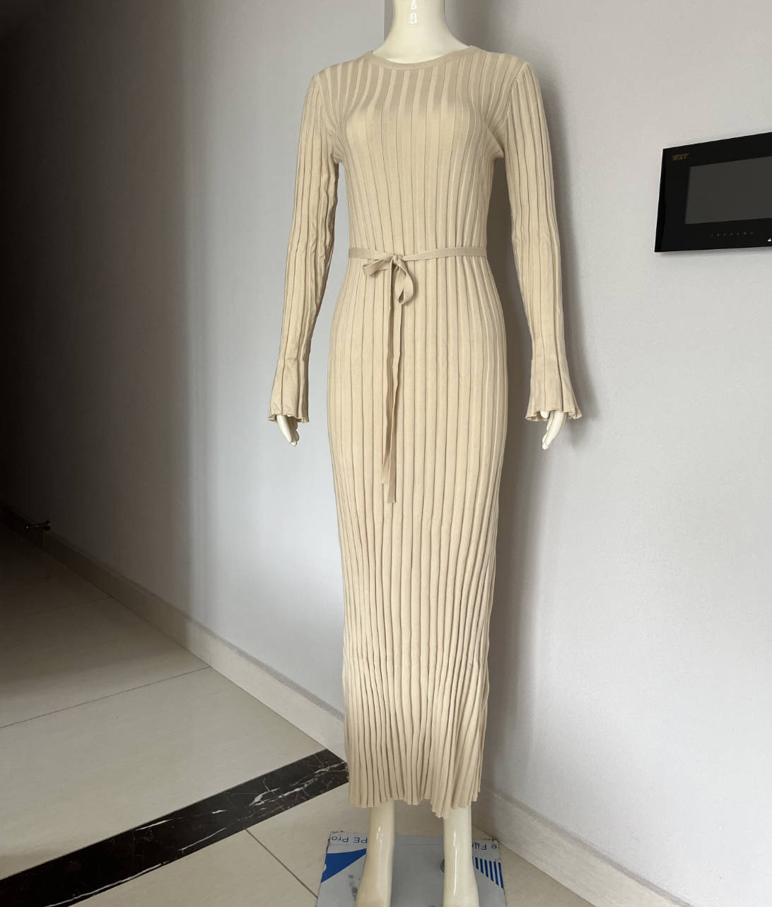 2023 cross-border autumn and winter new knitted dress casual waist round neck big pit strip slim knitted long skirt female - Image 3